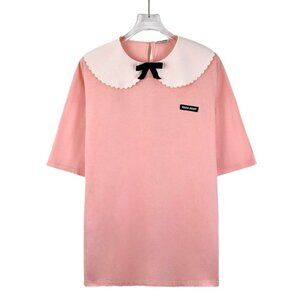MIU MIU Pink Cotton T-Shirt With White Peter Pan Collar & Black Bow Size M Made